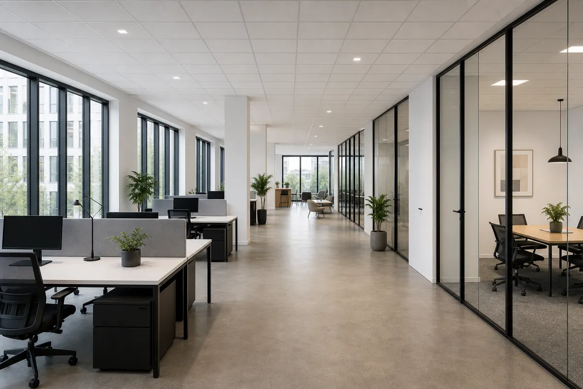 Fertiges Büro mit Akustikdecke und Trennwänden